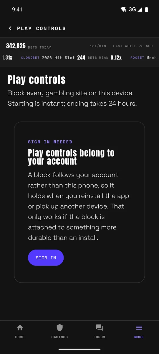 The Play controls screen of the Niekie Android app explaining that a block belongs to your account, with a sign-in button.