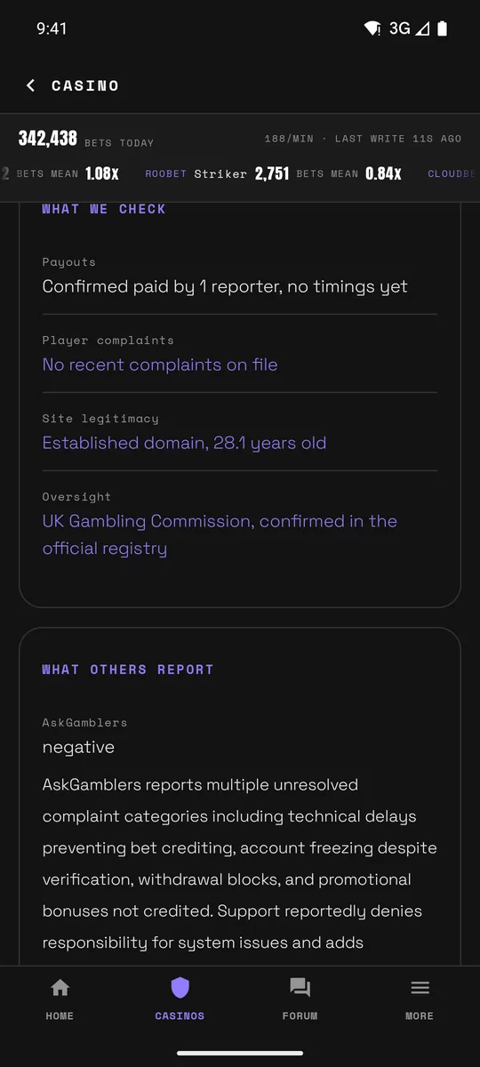 The Stake Casino page in the Niekie Android app, listing its payouts, player complaints, site legitimacy and oversight checks, then what AskGamblers reports.