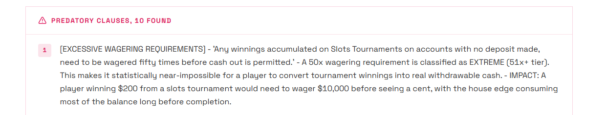 Term Slayer reading a casino terms page and flagging the clauses that can cost a player money