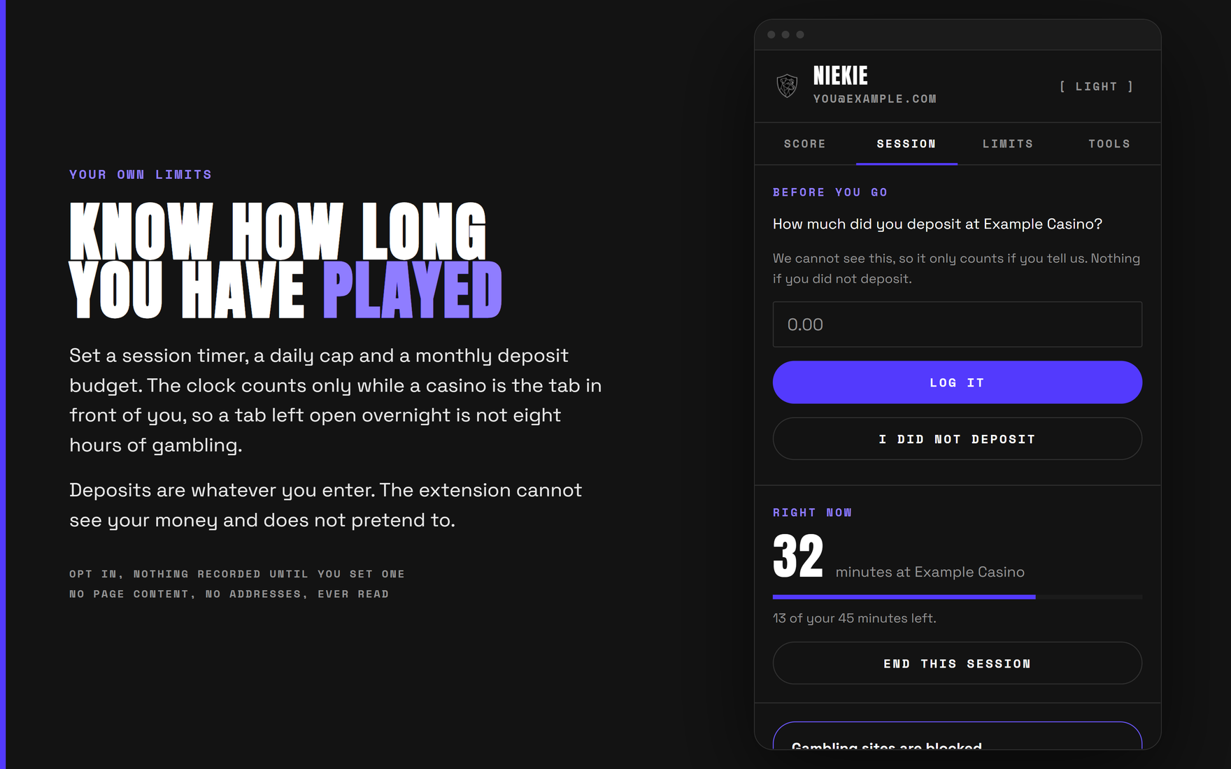 The Niekie popup showing 32 minutes played at a casino against a 45 minute session limit, and a prompt asking what the player deposited.