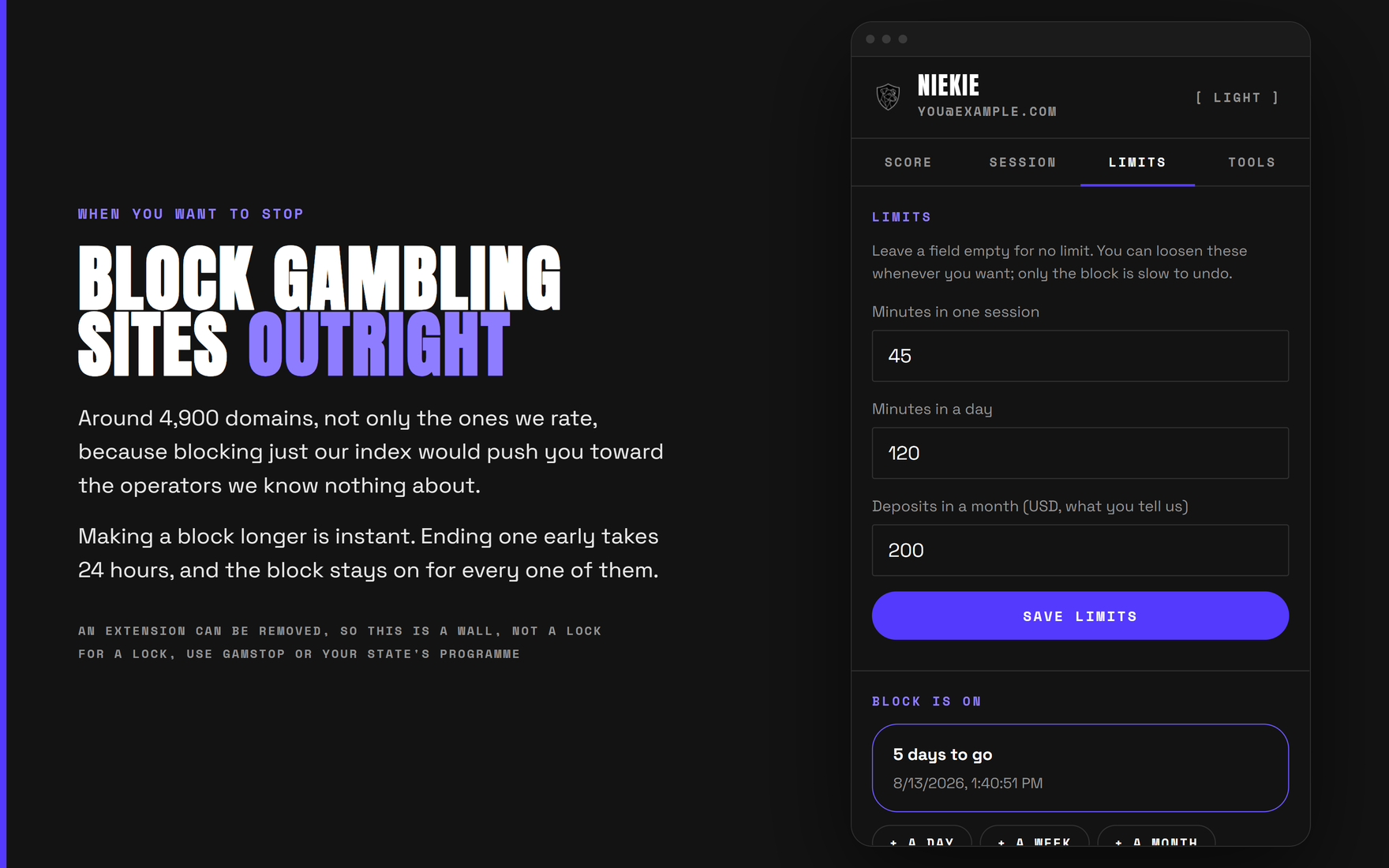 The Niekie popup showing session, daily and deposit limits, with a block running for another five days.